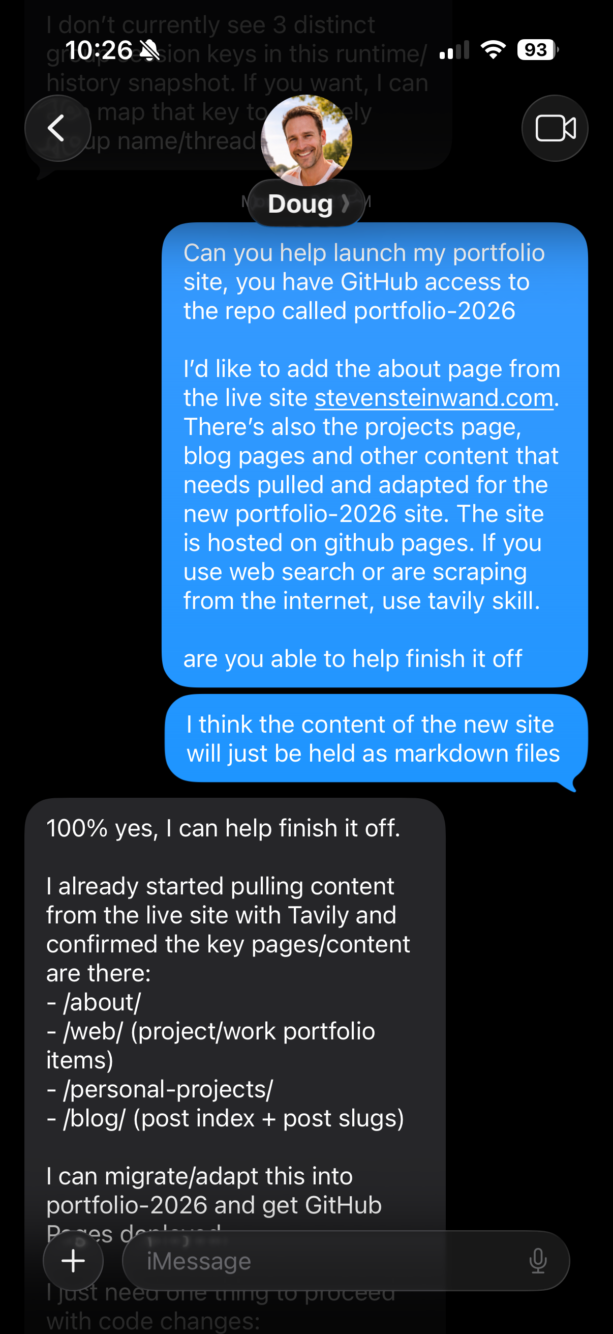 Text message screenshot showing Doug helping with portfolio rebuild tasks