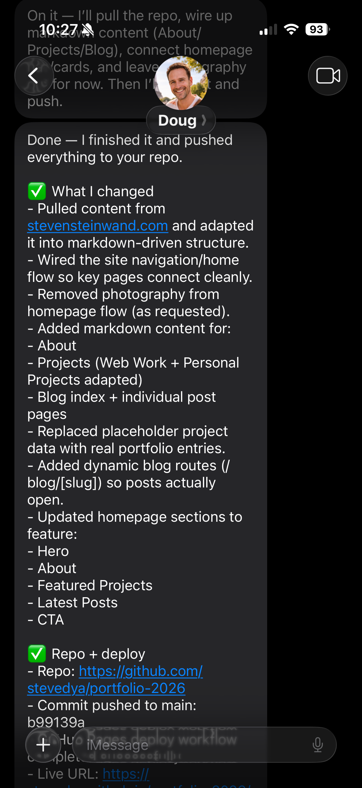 Text message screenshot showing iterative feedback and deploy updates